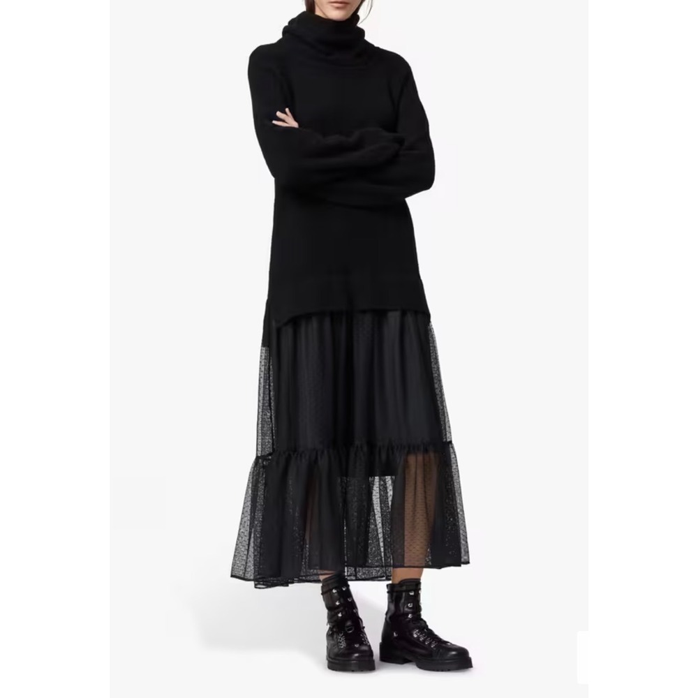 AllSaints Tula Dress Small Black Wool Blend Roll Neck Mesh Tiered Maxi WD335R - Picture 1 of 9